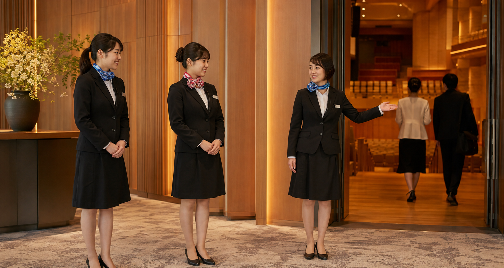 黒いスーツとスカーフを着用した公演レセプショニストのイメージ